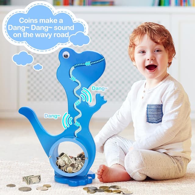 Detalle de AORCMITN Wooden Dinosaur Piggy Bank (Dino-Blue) with Coin Slide