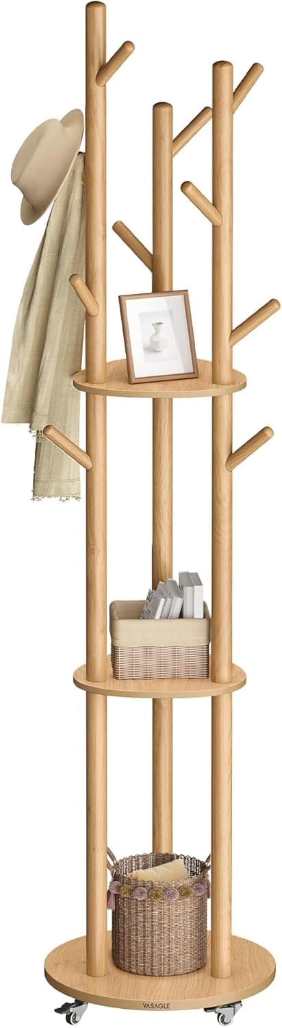 Detalle de VASAGLE Attaccapanni da terra RCR023YK01 con 11 ganci e 3 ripiani, 4 ruote 360° rimovibili