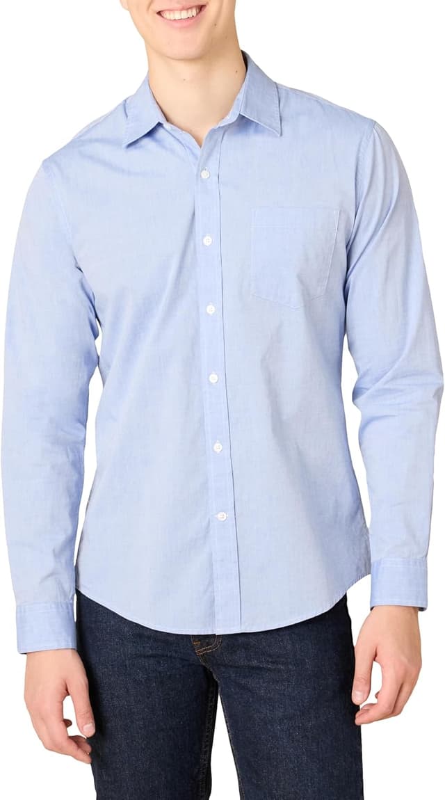 Detalle de Amazon Essentials Men’s Slim-Fit Long-Sleeve Poplin Gingham Shirt with Pocket
