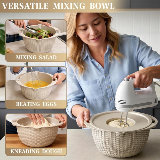 Detalle de 4-1 Colander with Bowl Set (Rotatable) — Stainless Steel + Grater Attachments for Kitchen Prep