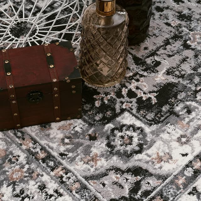 Detalle de Paco Home Tapis de salon à poil ras noir 60 x 100 cm, motif oriental floral avec bordure