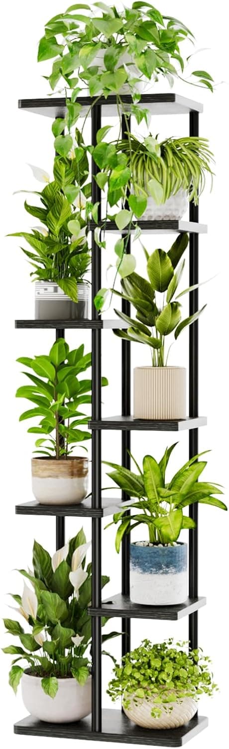 Detalle de Bamworld Porta Piante verticale per balcone e interni in metallo e legno, nero, 7 ripiani