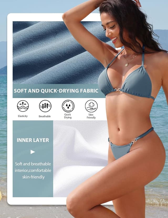 Detalle de CMTOP women’s triangle bikini set with halter top and low waist thong bottoms