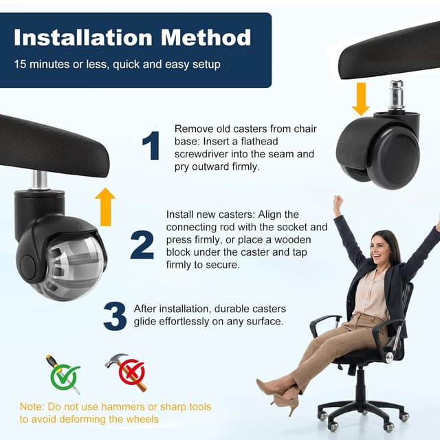 Detalle 2 de Carehabi lot de 5 roulettes pivotantes pour chaise de bureau 11 x 22 mm, rotation 360°