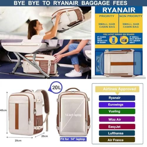 Detalle 2 de PUSLOM Mochila de cabina para avión 40x20x25 cm (20L) con USB y portátil de 14