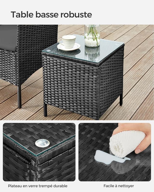 Thumbnail 6 de Salon de jardin SONGMICS 2 places en résine tressée PE (GGF003BZ03) avec table et 2 fauteuils