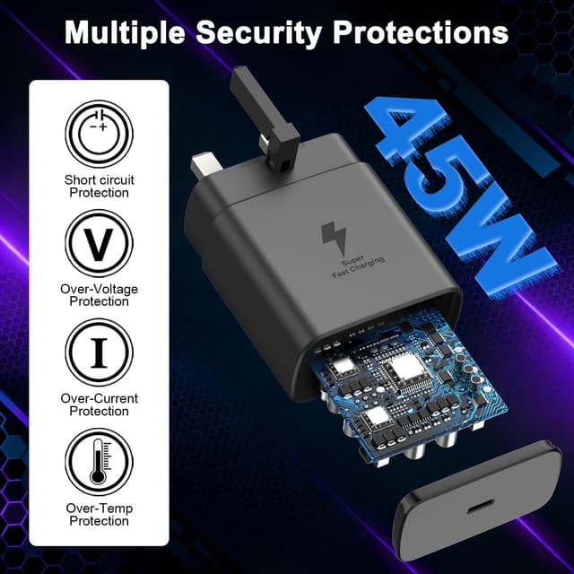 Detalle de 45W Super Fast USB-C Charger with 3M USB-C Cable (PD 3.0) for Samsung Galaxy phones & tablets