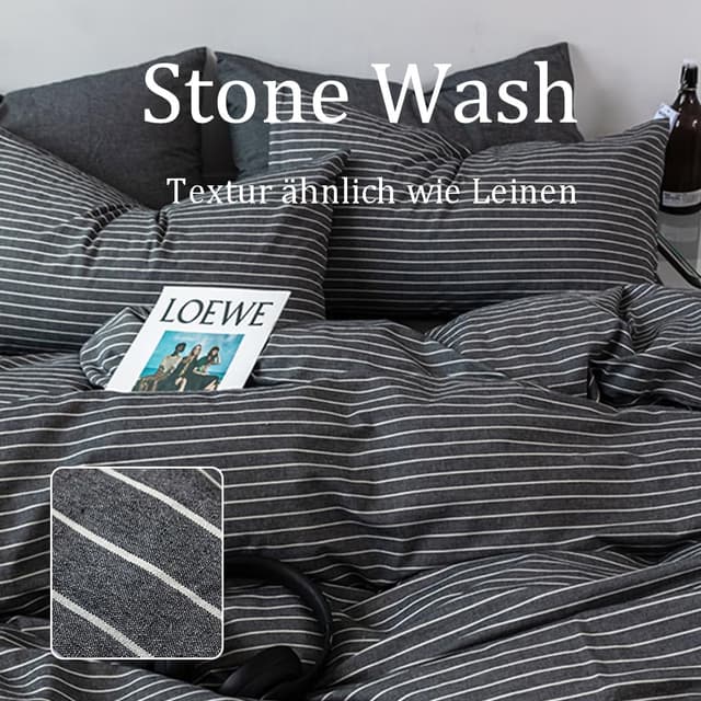 Detalle de Nesture Bettwäsche-Set 135x200 (2-teilig) aus 100% gewaschener Baumwolle, grau gestreift