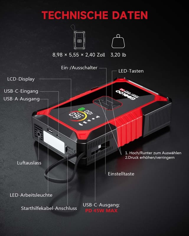 Thumbnail 6 de GOOLOO A5 Starthilfe Powerbank mit Kompressor – 4-in-1 Jumpstarter für 12V (Benzin & bis zu 10L Diesel) mit 160 PSI Pumpe