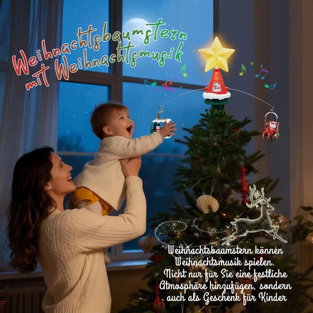 Detalle de Jubilin LED Weihnachtsbaumspitze Stern mit Musik, drehenden Anhängern und USB-Stromversorgung