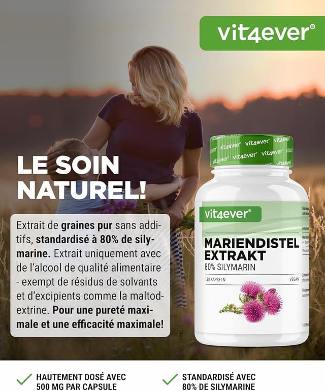 Detalle de vit4ever Extrait de Chardon-Marie – 180 gélules véganes (500 mg) avec 80% de silymarine