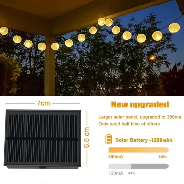 Detalle de Bowfar Solar-Lichterkette „Lampions“ für außen, 6 m, 30 LED, warmweiß (IP65, 8 Modi)