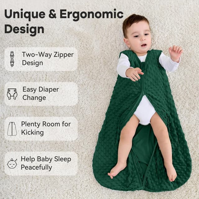 Detalle 2 de Unnivoll Baby 1.5 Tog Sleeping Bag with Plush Dots (2 Pack) – Forest Green, 12–18 Months