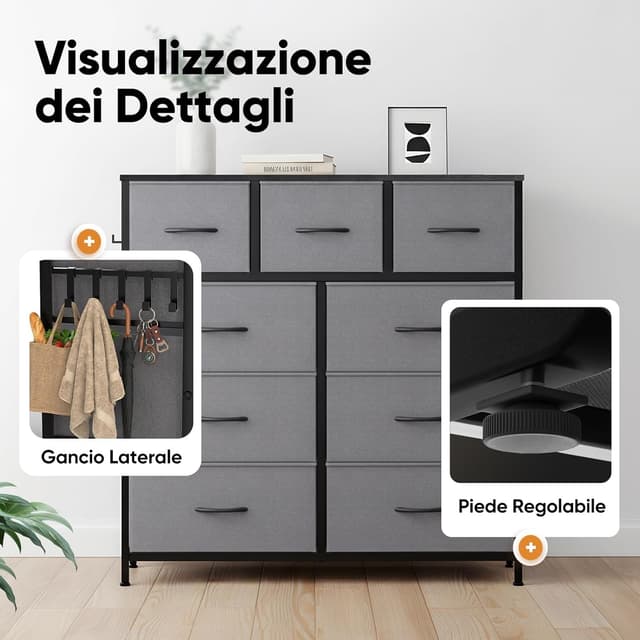 Detalle de HOKEEPER cassettiera stretta in tessuto con 9 cassetti e piano in legno/MDF (grigio)