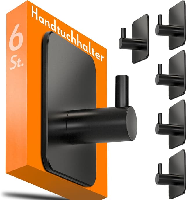 Detalle de 4smile Handtuchhalter ohne Bohren (6er-Set) – selbstklebende Handtuchhaken aus 304 Edelstahl, schwarz
