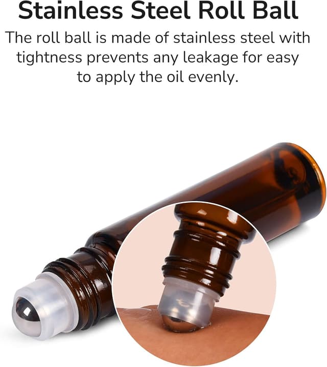 Detalle 2 de ULG 8-Pack Essential Oil Roller Bottles (10ml) with Stainless Steel Rollers, Amber Glass