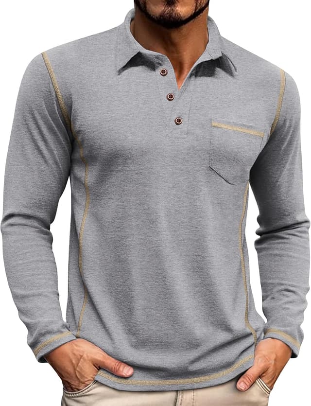 Detalle de Elainone Herren Langarm Polo mit Brusttasche – atmungsaktives Stretch Golf Oberteil (Regular Fit) M bis 3XL