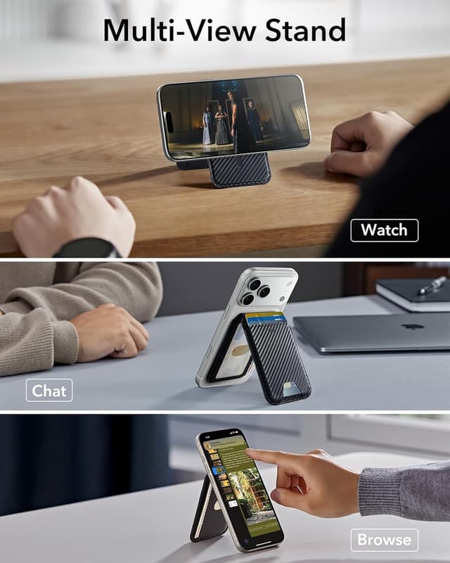 Detalle de ESR portafoglio per MagSafe con blocco RFID, supporto regolabile e spazio per 5 carte (fibra di carbonio nera)