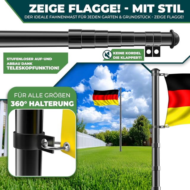 Detalle 2 de KESSER® Teleskop Fahnenmast aus Aluminium (6,30 m) mit Bodenhülse 60 cm – höhenverstellbar inkl. Deutschlandfahne, schwarz