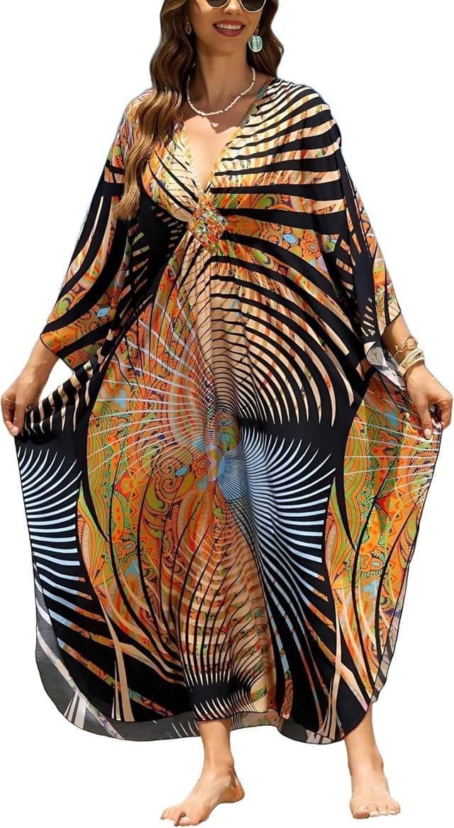 Detalle de IMAGEKOPE Women 2025 Summer Kaftan Dress (Plus Size) — V-Neck Moo Moo Beach Cover-Up