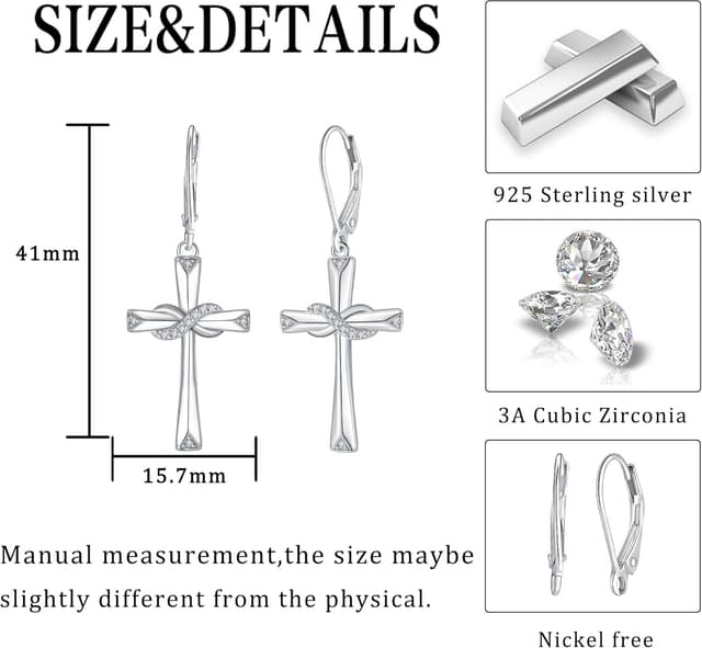 Detalle de J.WUEN boucles d’oreilles pendantes pour femme en argent 925 avec motif croix