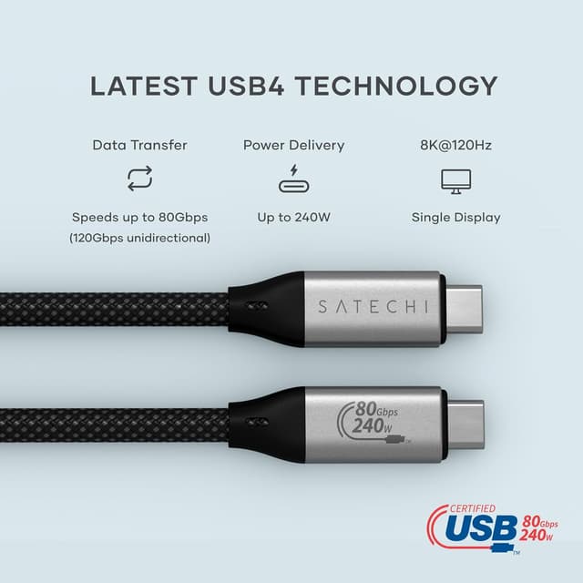 Detalle de Satechi USB4 V2 Pro Cable (USB-C) 1.2m with up to 120Gbps, 240W Power Delivery, and 8K display support