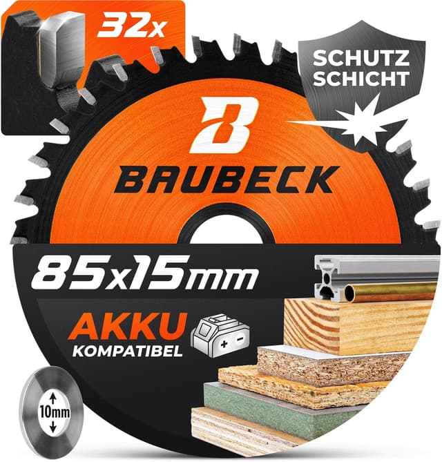 Detalle de BAUBECK Kreissägeblatt 85 x 15 mm für feine Schnitte in Holz, Metall & mehr – kompatibel mit Bosch, Makita, Dewalt