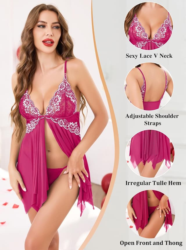 Detalle de Wikoan Nuisette femme en dentelle avec bretelles réglables et string assorti