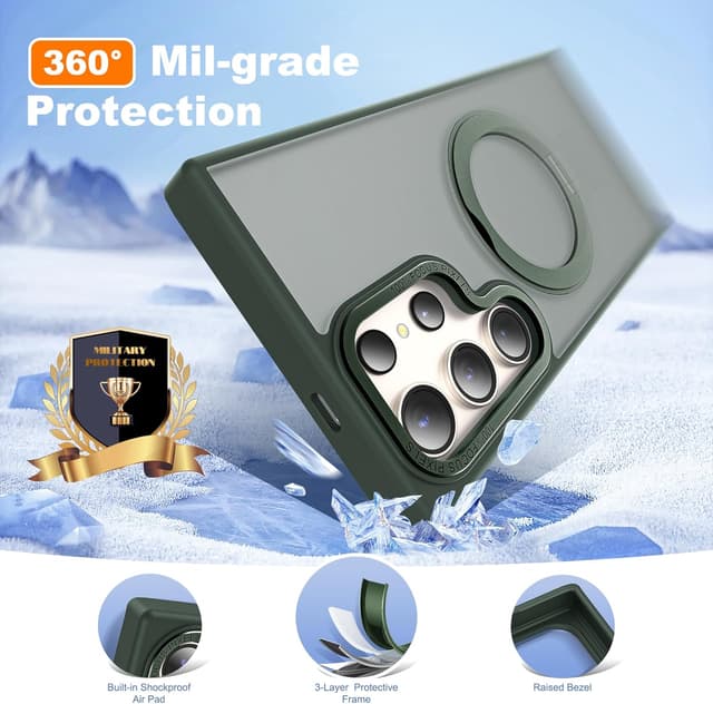 Detalle 1 de Zalinbo Compatible with Samsung Galaxy S24 Ultra Case with 360° Rotatable Magnetic Ring Stand (Mag-Safe, Military-Grade Protection) Dark Green