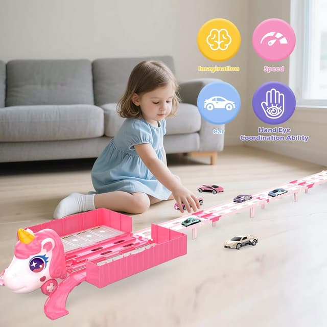 Detalle de RUIDYA Unicorn Transport Truck Toy with Foldable 160cm Race Track and 6 Die-Cast Cars