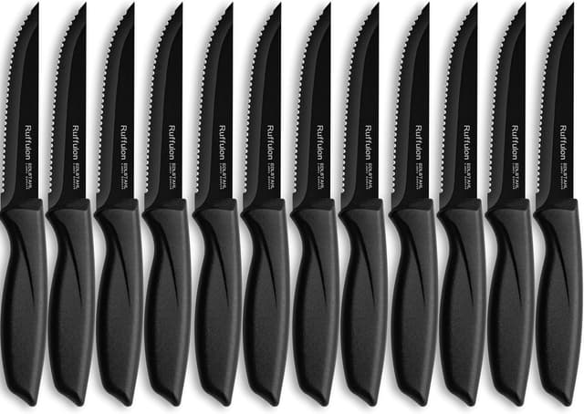 Detalle de Ruffulon Profi Steakmesser-Set 12-teilig mit Wellenschliff, Edelstahl – schwarz
