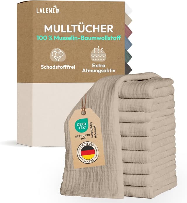 Detalle de Laleni Spucktücher Baby im 10er Set aus reiner Baumwolle (Musselin) – 70x70, beige