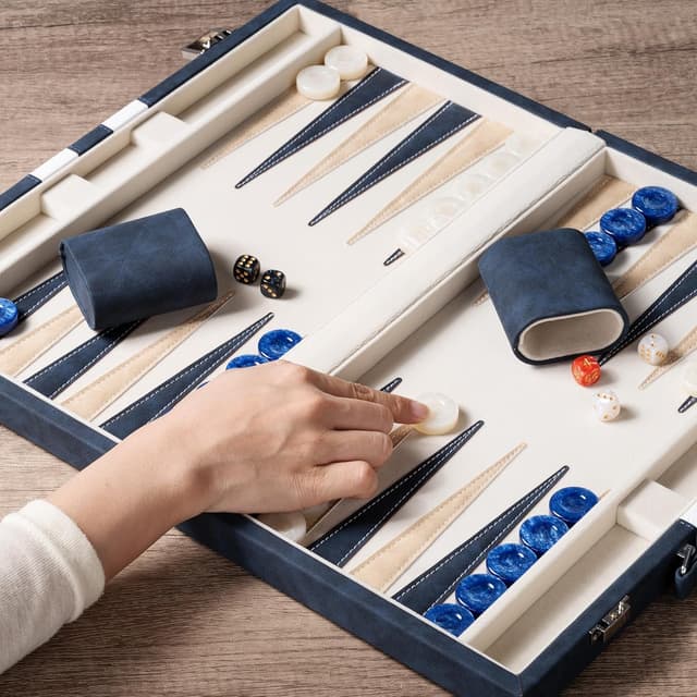 Detalle de Lingle 15-inch Backgammon Set for Adults with Folding Faux Leather Case (Blue)
