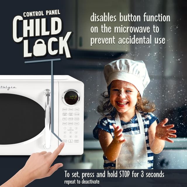 Detalle de Nostalgia Retro Microwave Oven (0.7 Cu Ft, 700-Watt) with Glass Turntable, Child Safety Lock, 8 Auto-Cook Programs & Digital Clock (White)