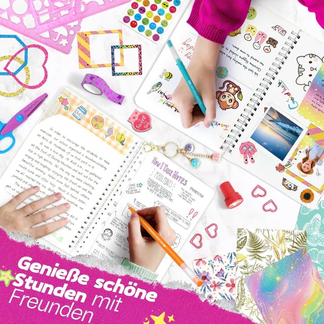 Detalle 2 de 2er-Set Mega DIY Tagebuch Set für Mädchen (Spiraljournale, Bastel- & Scrapbook-Zubehör) – Geschenk ab ca. 8–14 Jahre