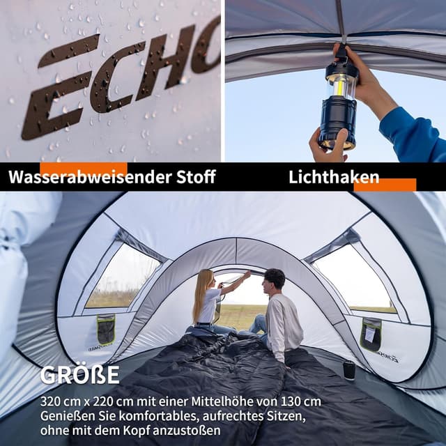 Detalle 2 de EchoSmile Pop-up Zelt für 4–8 Personen – Wurfzelt wasserdicht mit 2 Belüftungsfenstern