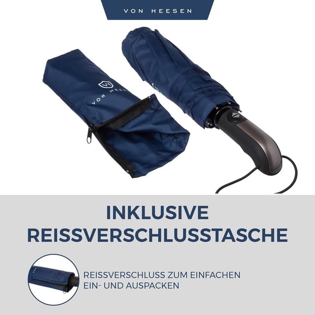 Detalle 2 de VON HEESEN Taschenschirm sturmfest bis 140 km/h inkl. Schirm-Tasche & Reise-Etui