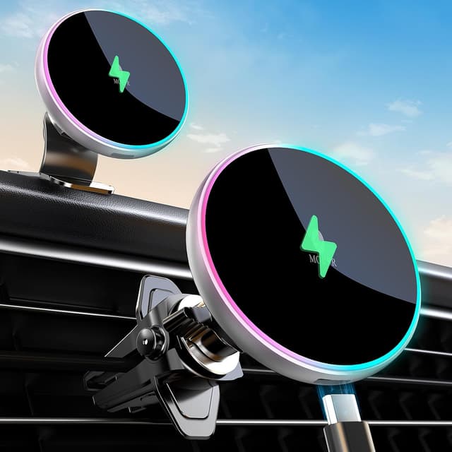 Detalle 2 de MOKPR MagSafe Autohalterung mit Ladefunktion (15 W) für iPhone im Auto – inkl. Lüftung-/Armaturenbrett-Halterung, Typ-C-Kabel
