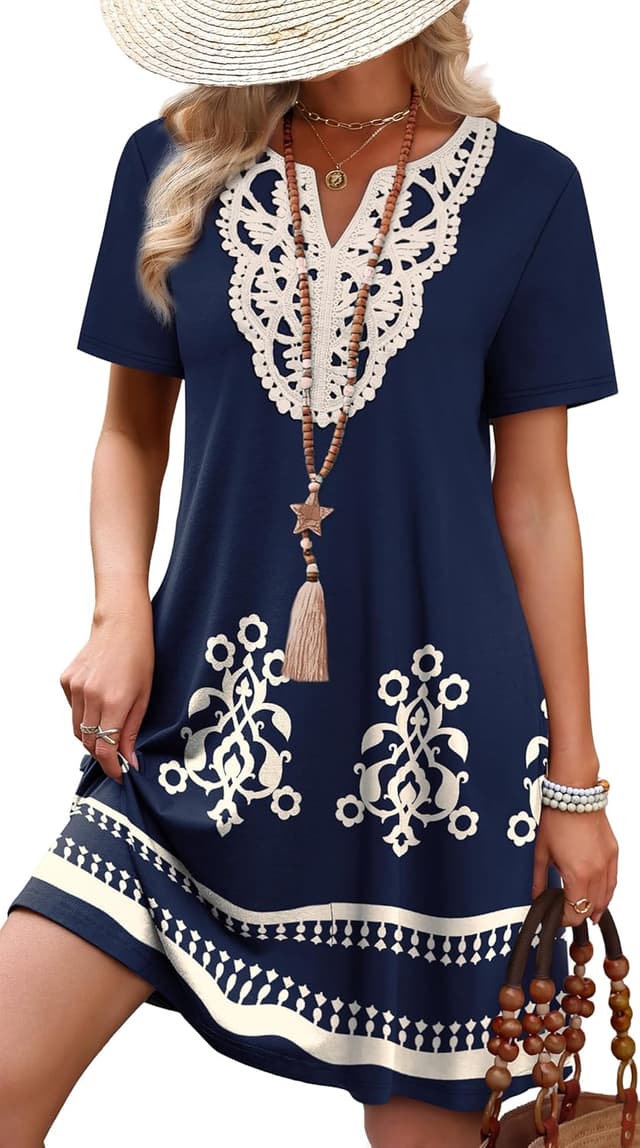 Detalle de WIHOLL Women’s Lace V-Neck T-Shirt Dress for Summer, Wedding Guest & Vacation Wear