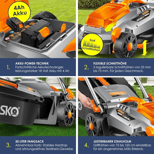 Detalle 2 de MASKO® Akku-Rasenmäher mit Mulchfunktion (36V) inkl. 4 Ah Akku, Ladegerät und 33 cm Rasentrimmer