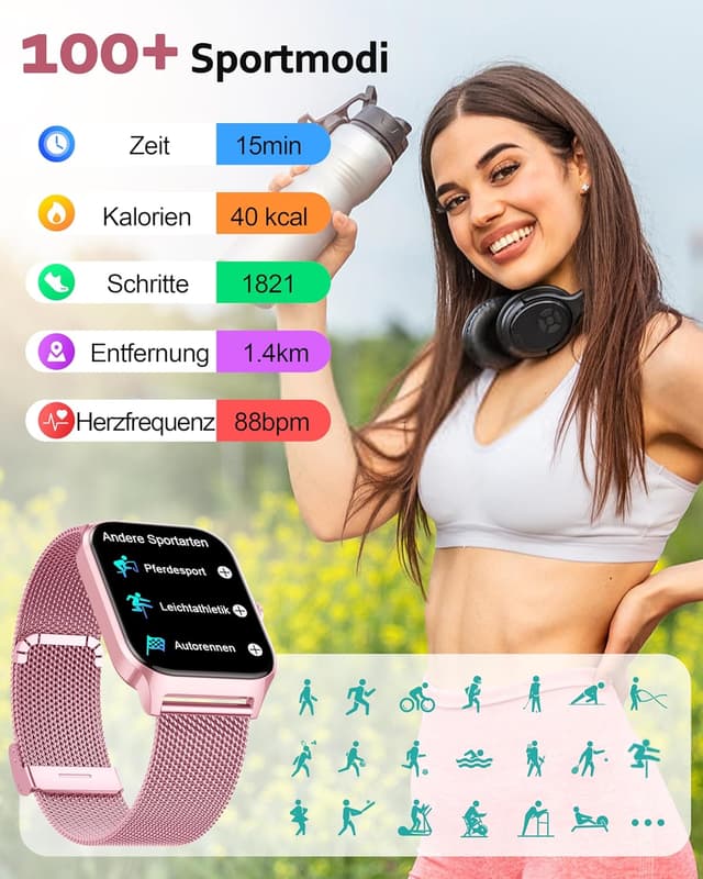 Detalle de Popglory Smartwatch mit Telefonfunktion für Damen & Herren – 1,85" HD Display, Fitnessuhr mit Blutdruck, SpO2 & mehr