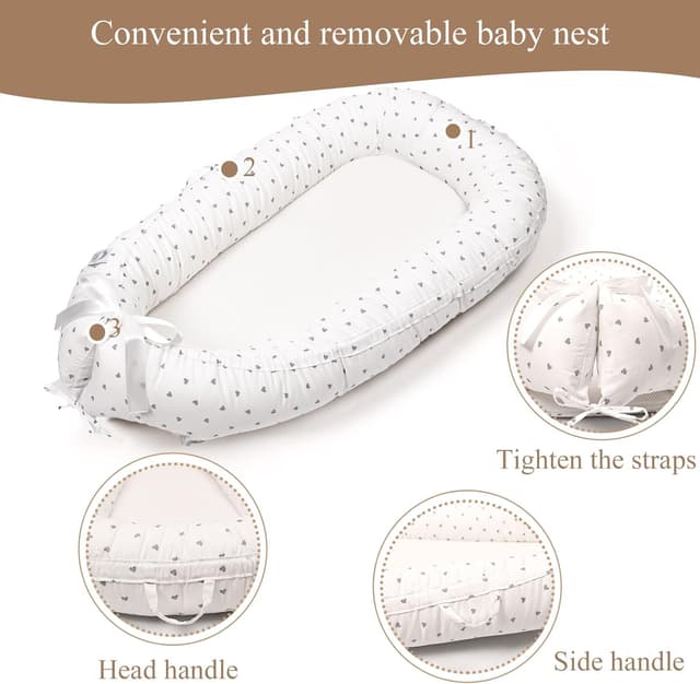 Detalle 2 de EAQ Baby Lounger Baby Nest for Co-Sleeping (0–12 months) in 100% cotton – White/Grey