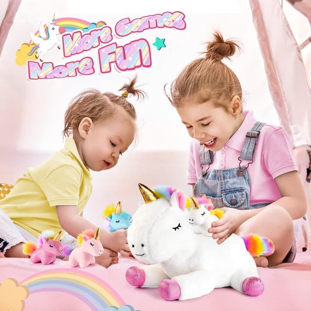 Detalle de Adeokay Einhorn Kuscheltier Geschenk-Set (Einhorn-Mama & 4 Babys) für Mädchen und Jungen von 3 bis 10 Jahren