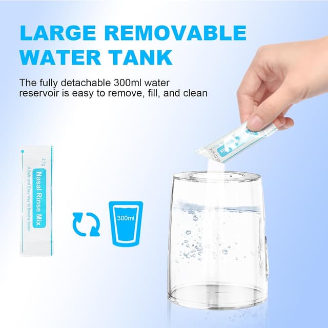 Detalle de URAQT Elektrische Nasendusche (Neti Pot) für Erwachsene & Kinder inkl. 4 Ersatzköpfe und 40 Nasenspülsalz