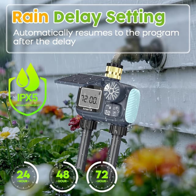 Detalle 2 de AnseTo Timer di Irrigazione Solare con 2 Uscite e pannello regolabile, ricarica USB-C