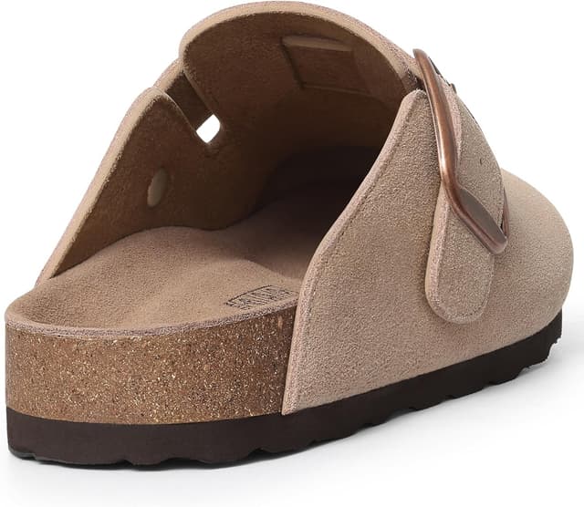 Detalle de KIDMI Genuine Suede Clogs for Women with Memory Foam Cork Footbed and Big Buckle