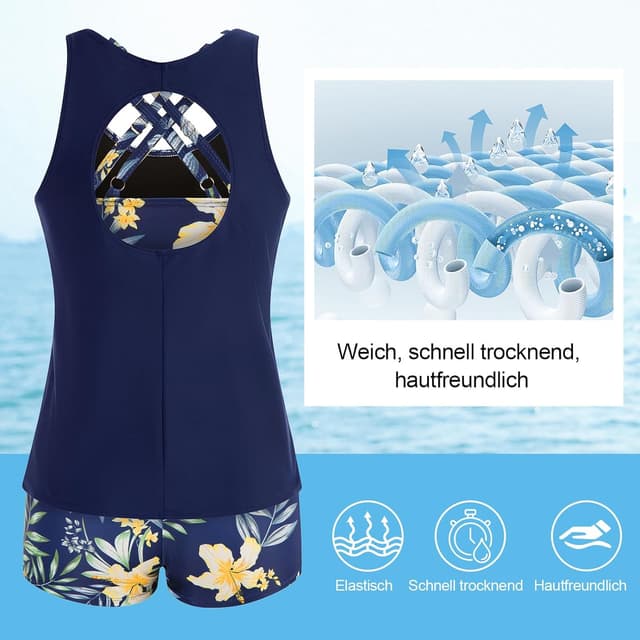 Detalle de JASAMBAC 3-teiliges Tankini-Set für Damen mit Push-up-Oberteil und High-Waist-Badeshorts