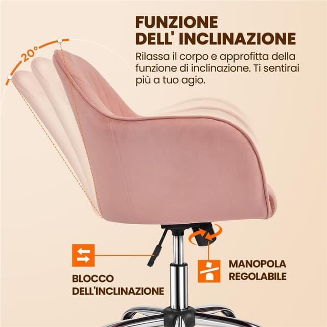 Detalle 2 de Yaheetech Sedia da scrivania ergonomica in velluto rosa girevole, reclinabile e regolabile in altezza (portata 136 kg)