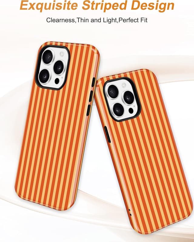 Thumbnail 2 de Jusy Magnetische Handyhülle für iPhone 16 Pro Max – gestreiftes Sommer-Design mit MagSafe und 2-teiliger Stoßschutz-Bumper Case (Orange)