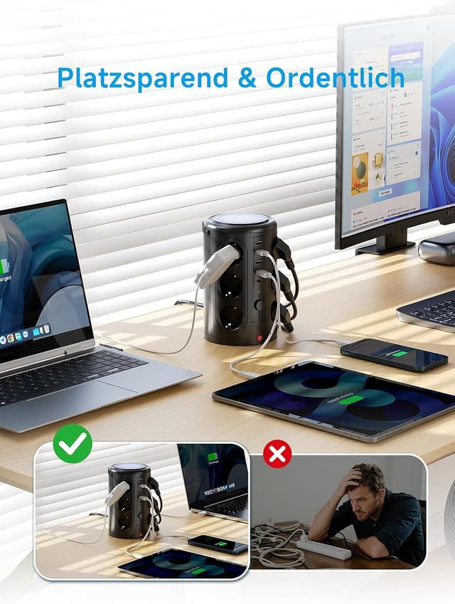 Detalle 2 de Pluackg Mehrfachsteckdose mit 5 USB und 12 Fach, Überspannungsschutz & 5 m Verlängerungskabel (Schwarz)